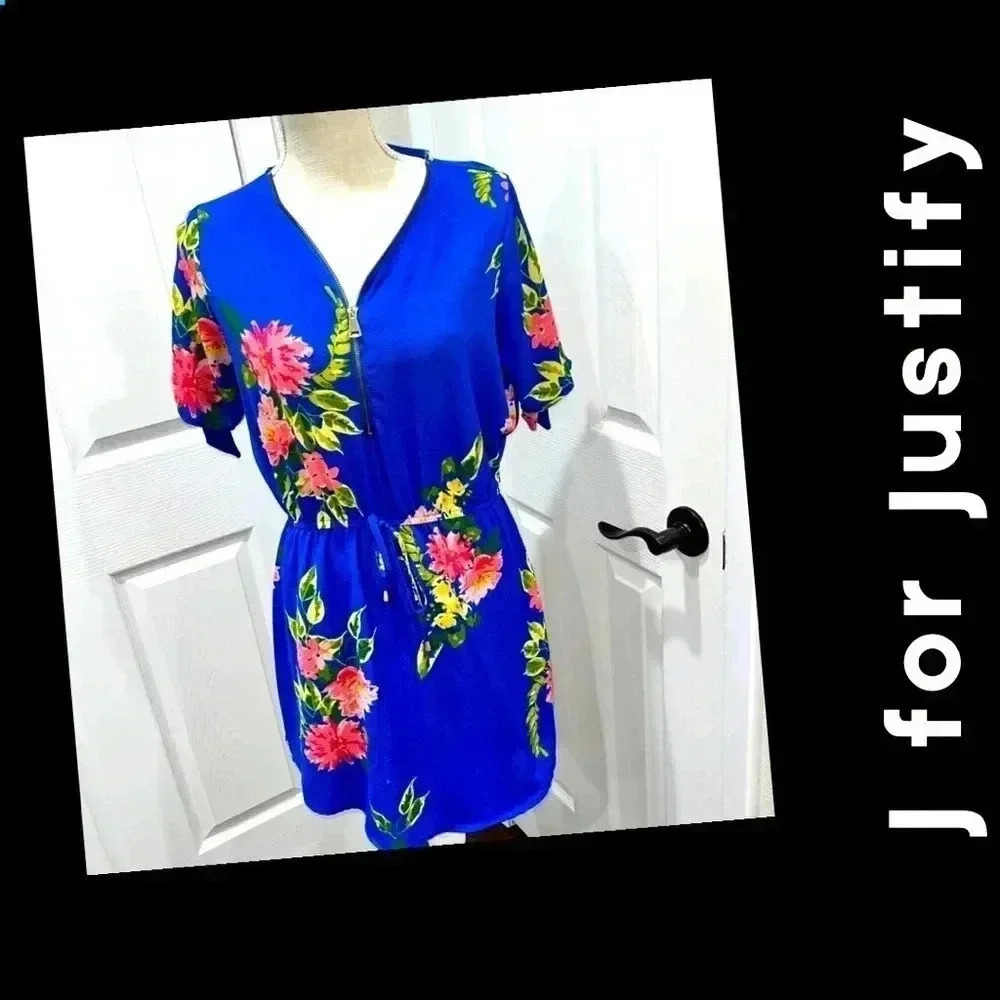 J for Justufy Floral Mini Dress Zip Front Ties on sleeves